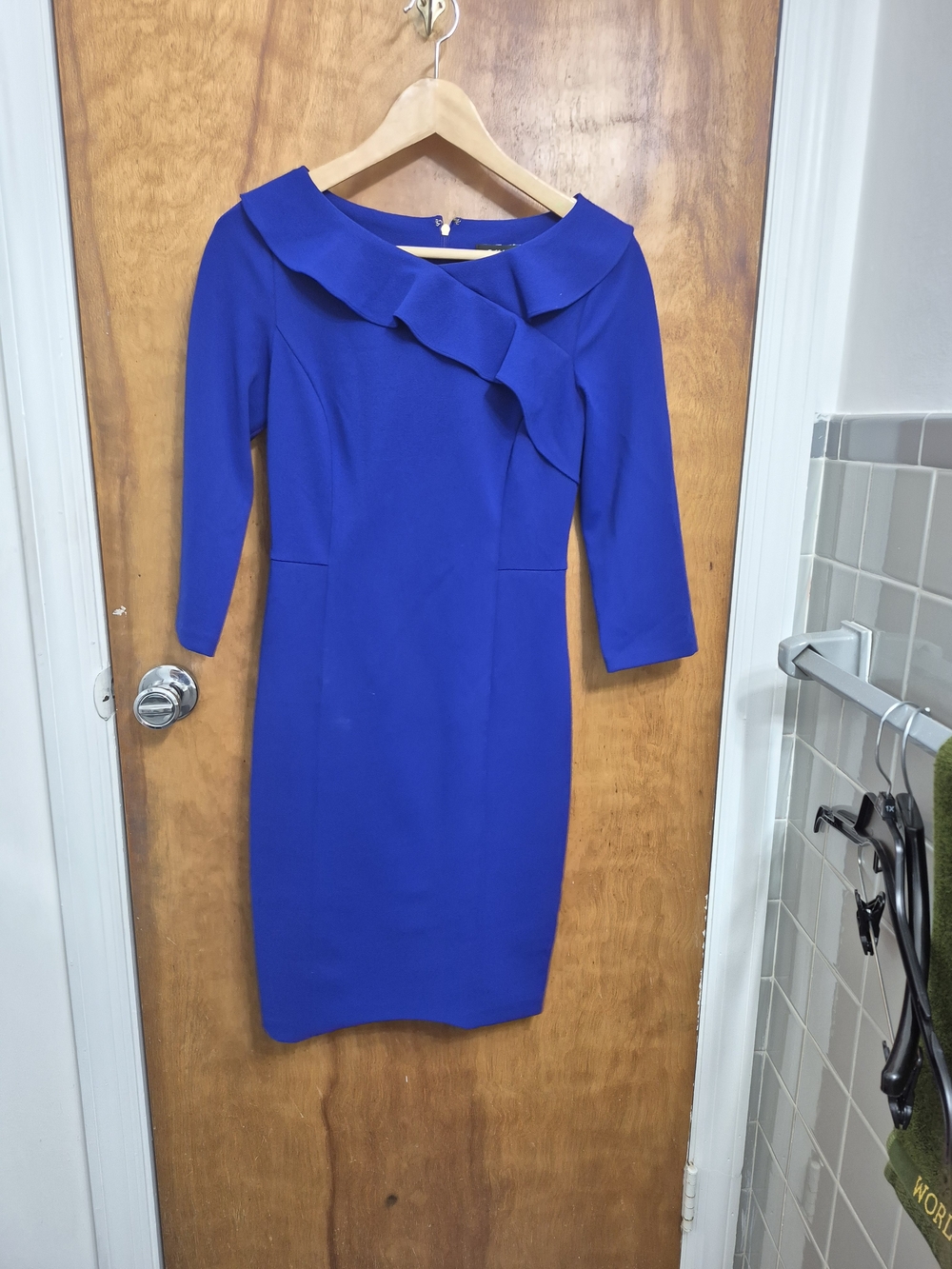 DKNY Cobalt Blue Ruffle-Trim Sheath Dress